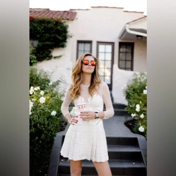 Self-Portrait Ivory Long Sleeve Mesh Dress - Picture 2 of 7